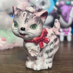 Vintage tiny pink and gray striped cat